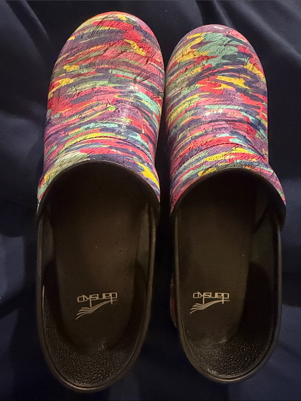 Dansko Multicolor Painted Swirl Slip-On Clogs — Red, Yellow, Green, Pink, Blue